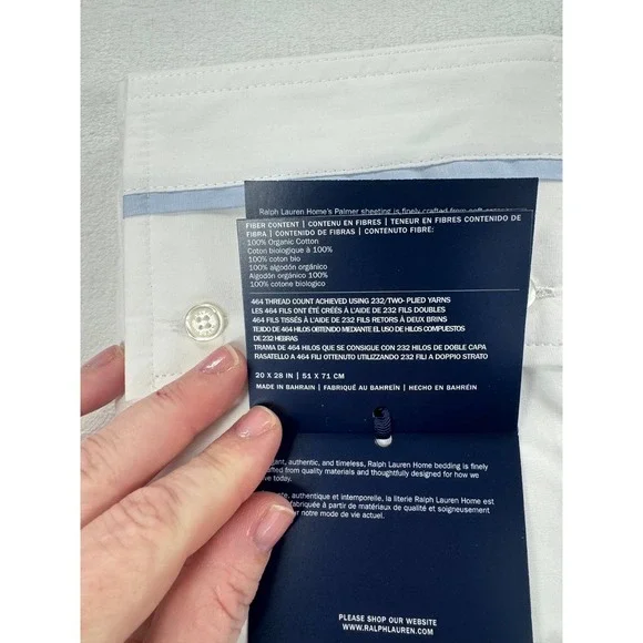 NWT Ralph Lauren Organic Cotton Percale Palmer Sham Pillow Case Blue - 20X28 in